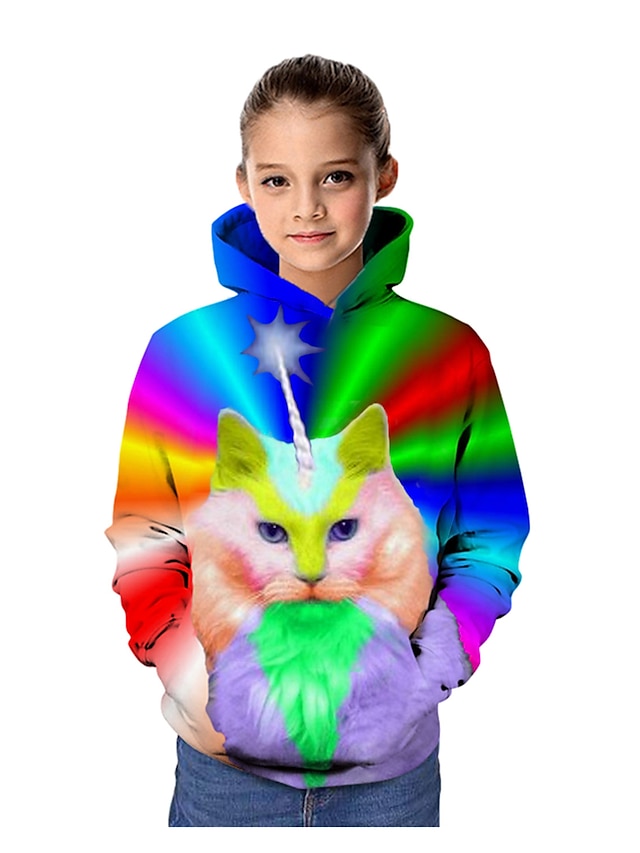  Barn Jente Hettegenser og sweatshirt Langermet Regnbue Katt Trykt mønster Katt Grafisk 3D Dyr Aktiv