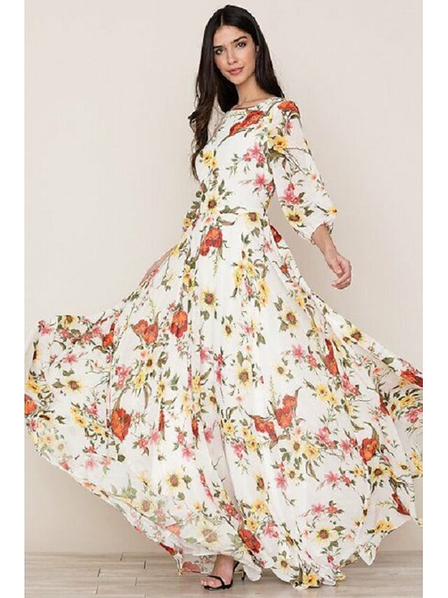  robe longue Robe de Mousseline Femme Automne Printemps Manches 3/4 - Imprimer Bohème Elégant Floral Col Ras du Cou 2022 Blanche S M L XL 2XL