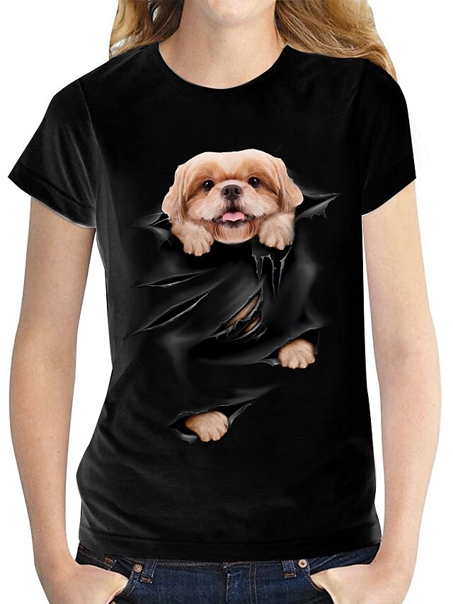  Dame Hund Grafisk 3D Daglig 3D Kortærmet T-shirt Rund hals Trykt mønster Basale Toppe 100 % bomuld Hvid Sort S