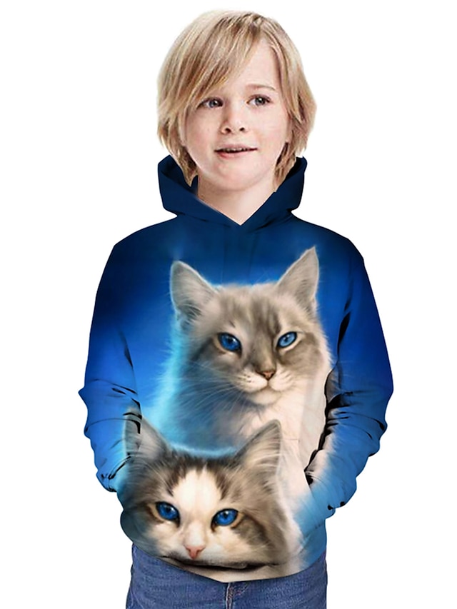  Børn Drenge Hættetrøje og sweatshirt Langærmet Blå Kat Trykt mønster Kat Grafisk 3D Dyr Aktiv