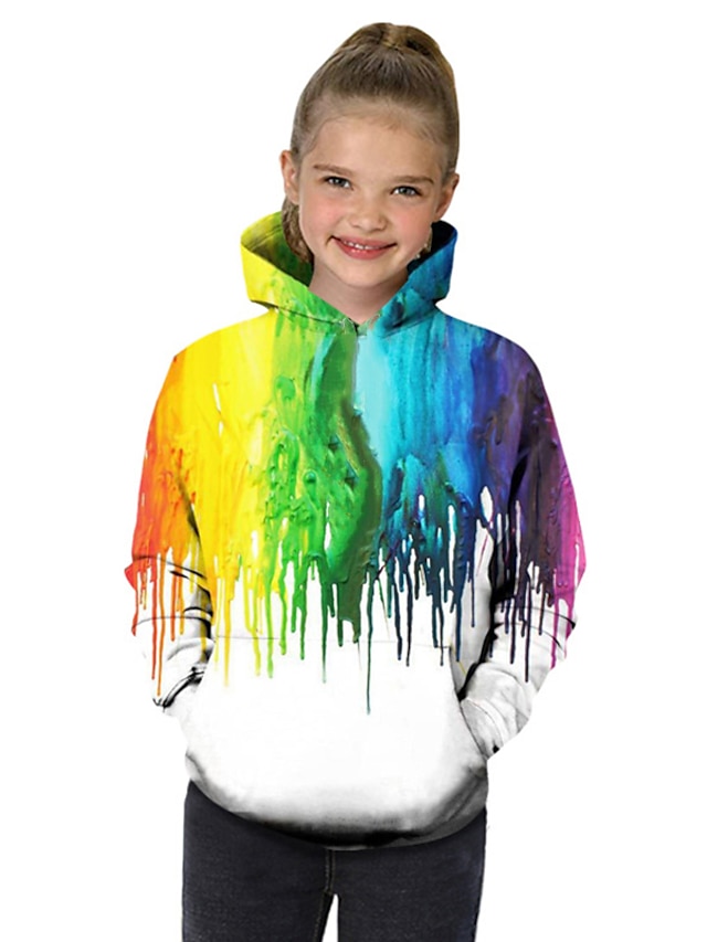  New Year Girls' 3D Geometric Color Block Rainbow Hoodie Long Sleeve 3D Print Spring Fall Winter Active Basic Polyester Kids Toddler 3-12 Years School Outdoor Daily