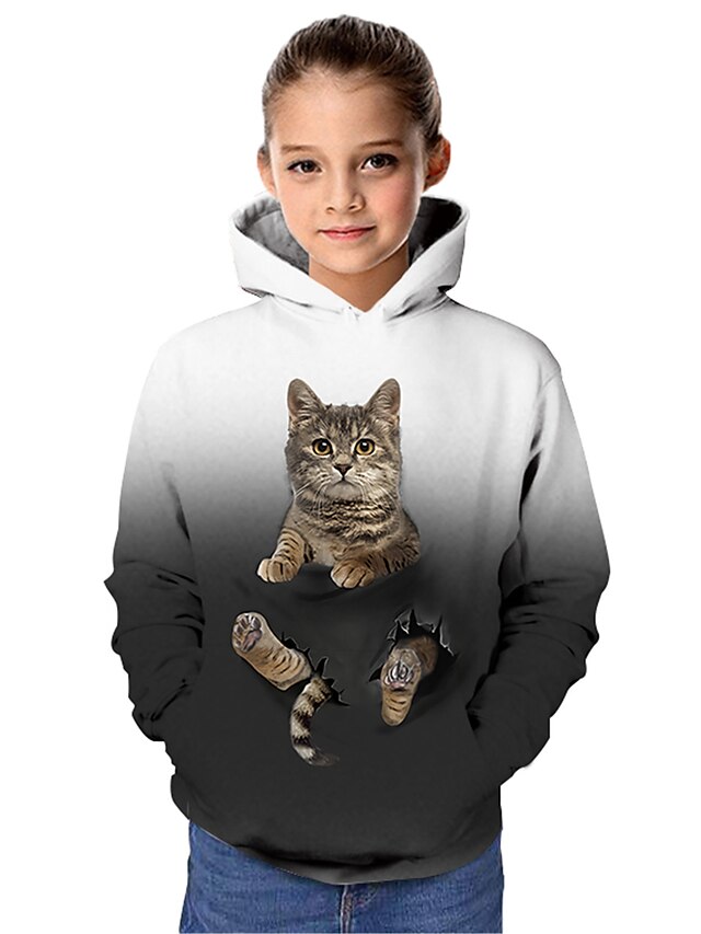  Jente 3D Grafisk Dyr Katt Hettegenser og sweatshirt Langermet 3D-utskrift Aktiv Polyester Spandex Barn