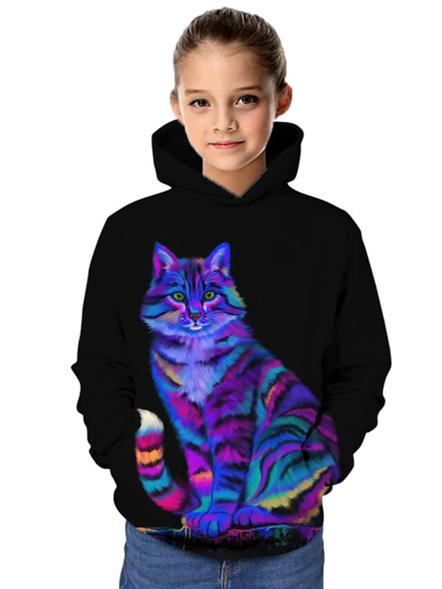  Barn Jente Hettegenser og sweatshirt Langermet Svart 3D-utskrift Katt Trykt mønster Katt Grafisk 3D Dyr Aktiv