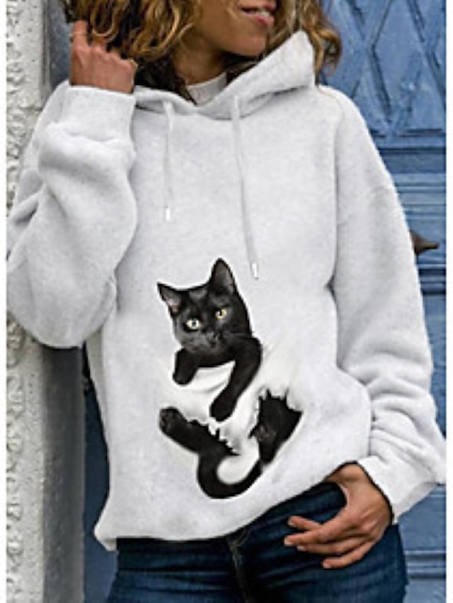  Damen Katze Grafik 3D Kapuzenshirt Zur Seite fahren Täglich Grundlegend Alltag Kapuzenpullover Sweatshirts Weiß