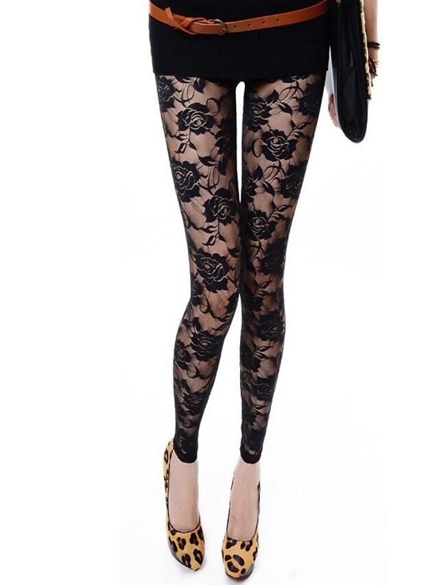  Women's Leggings Normal Polyester Floral Black White Sexy Mid Waist Ankle-Length Casual Spring & Summer