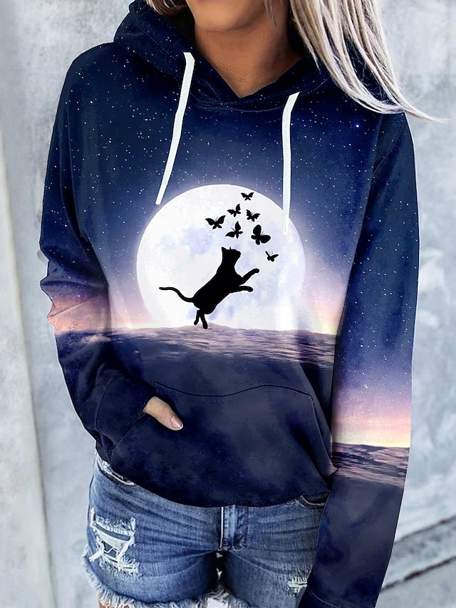  Women's Cat Graphic 3D Hoodie Pullover Front Pocket Print 3D Print Daily Basic Casual Hoodies Sweatshirts  Navy Blue