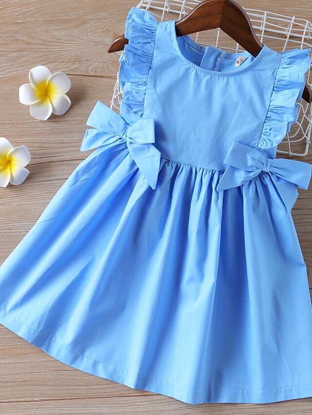  Kids Toddler Little Girls' Dress Solid Colored Ruffle Bow Blue Blushing Pink Above Knee Sleeveless Basic Cute Dresses Children's Day Regular Fit 3-8 Years