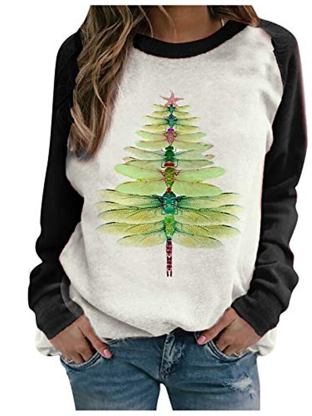  felpa con stampa albero di natale libellula da donna, maglioni da donna, top natalizi da donna, felpa da donna manica lunga casual, top natalizi, top casual da donna girocollo (nero, l)