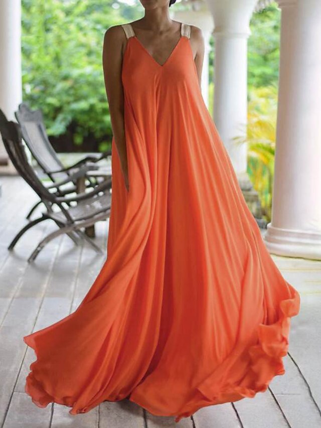  Women's Casual Dress Swing Dress Long Dress Maxi Dress Black Blue Orange Pure Color Sleeveless Spring Summer Ruffle V Neck Loose Fit S M L XL XXL 3XL 4XL 5XL