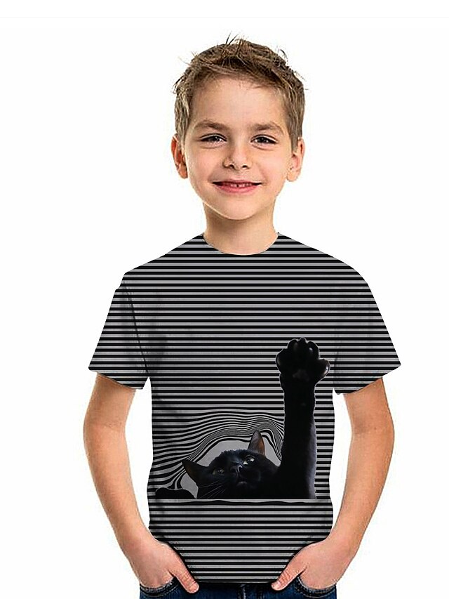  Kids Boys' T shirt Tee Short Sleeve Black 3D Print Cat Print Cat Graphic 3D Animal Active Cute / Summer