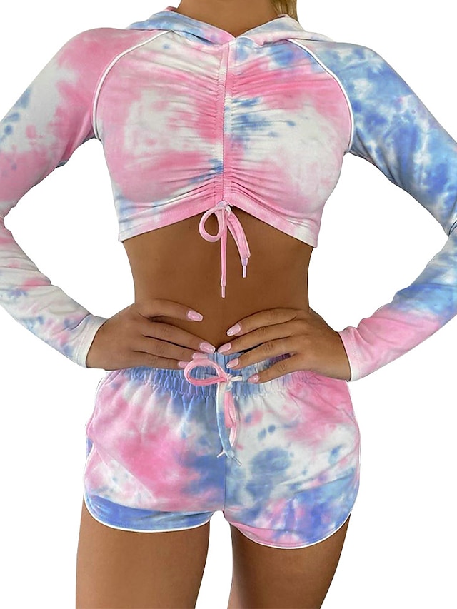  Women's Basic Tie Dye Two Piece Set Hoodie Tracksuit Pant Shorts Tops