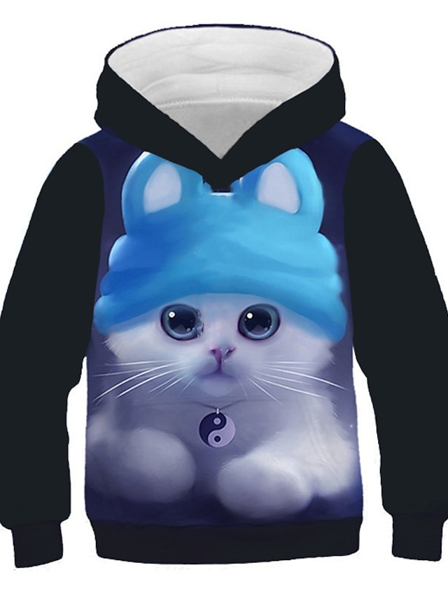 Kids Girls' Hoodie & Sweatshirt Long Sleeve Cat Print 3D Animal Print Blue Children Tops Active Streetwear