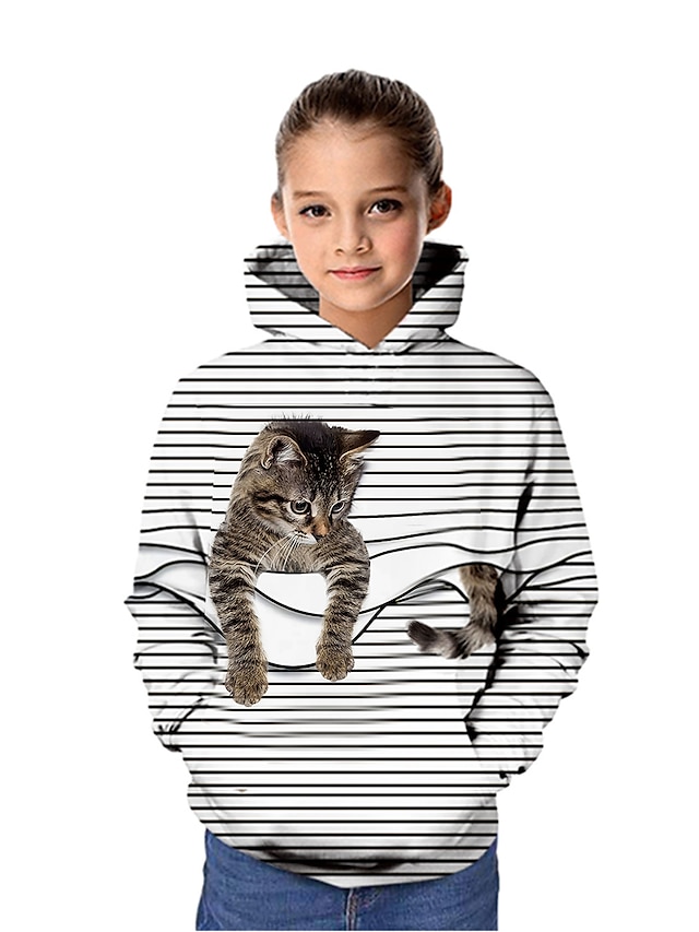  Kids Girls' 3D Cat Stripe Hoodie for Fall Winter