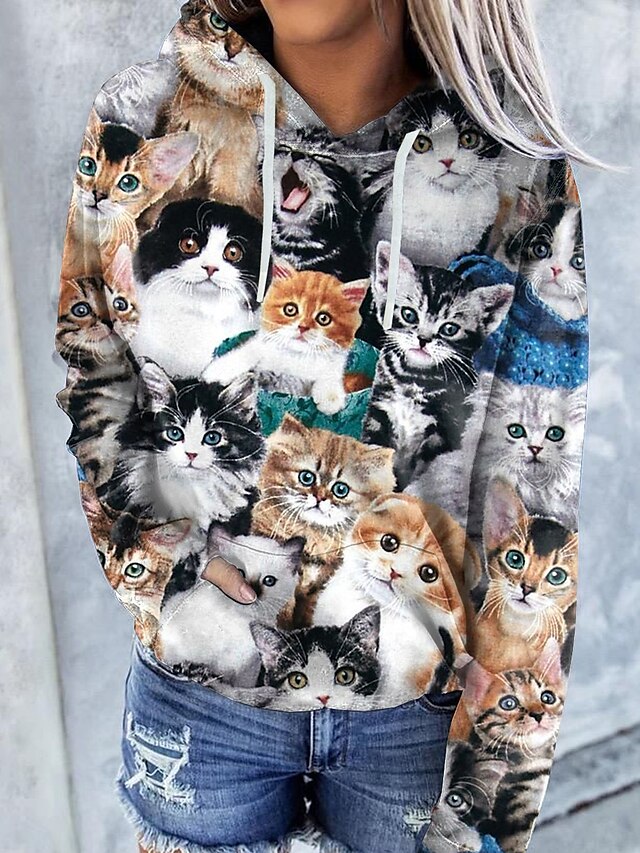  Damen Katze Grafik 3D Pullover Hoodie Sweatshirt Vordertasche Bedruckt 3D-Druck Täglich Grundlegend Alltag Kapuzenpullover Sweatshirts Grau