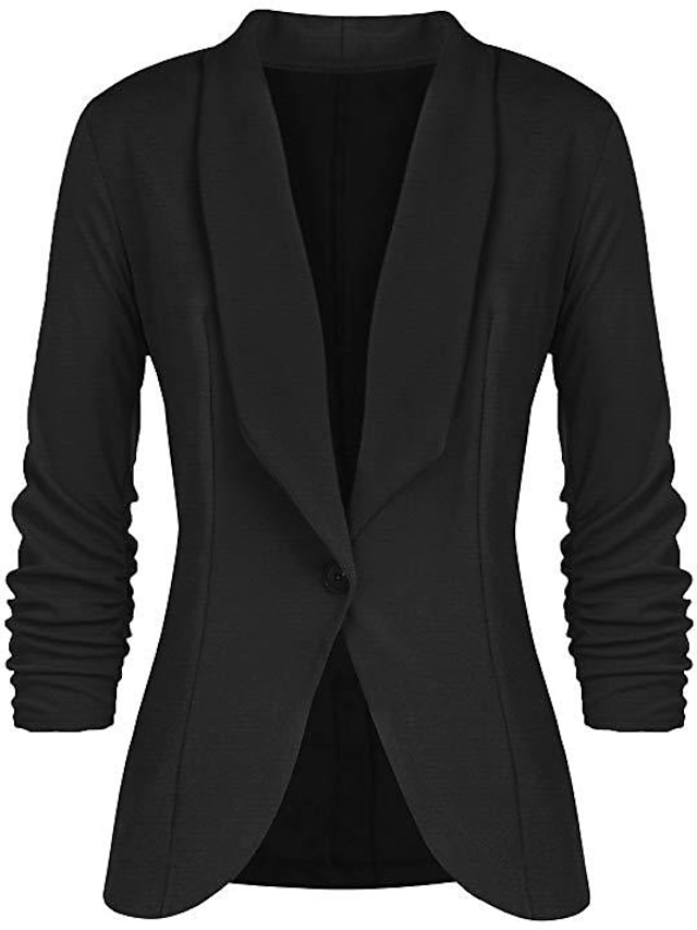  women's 3/4 ruched sleeve blazer open front lightweight office cardigan jacket slim fit blazer black