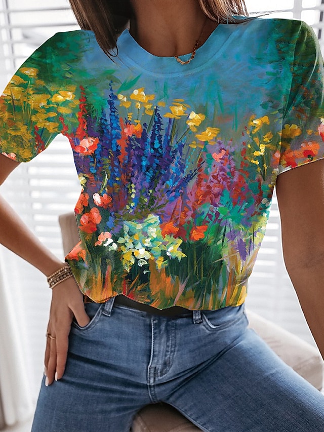  Women's T shirt Tee Yellow Blue Green Print Graphic Floral Casual Daily Short Sleeve Round Neck Basic Vintage Regular Floral Painting S