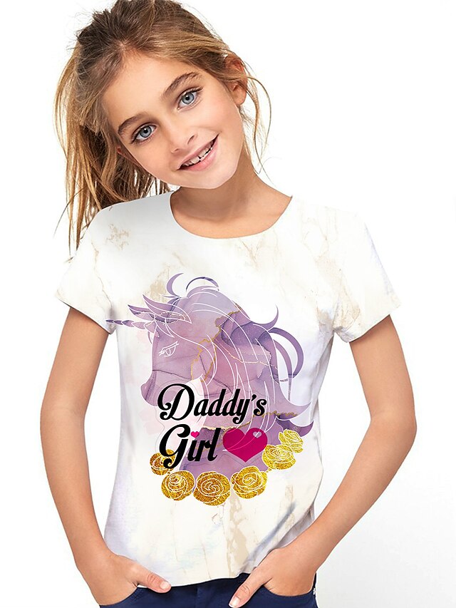 Kinder Mädchen T-Shirt Kurzarm Pferd Grafik 3D Buchstabe Druck Weiß Kinder Oberteile Aktiv