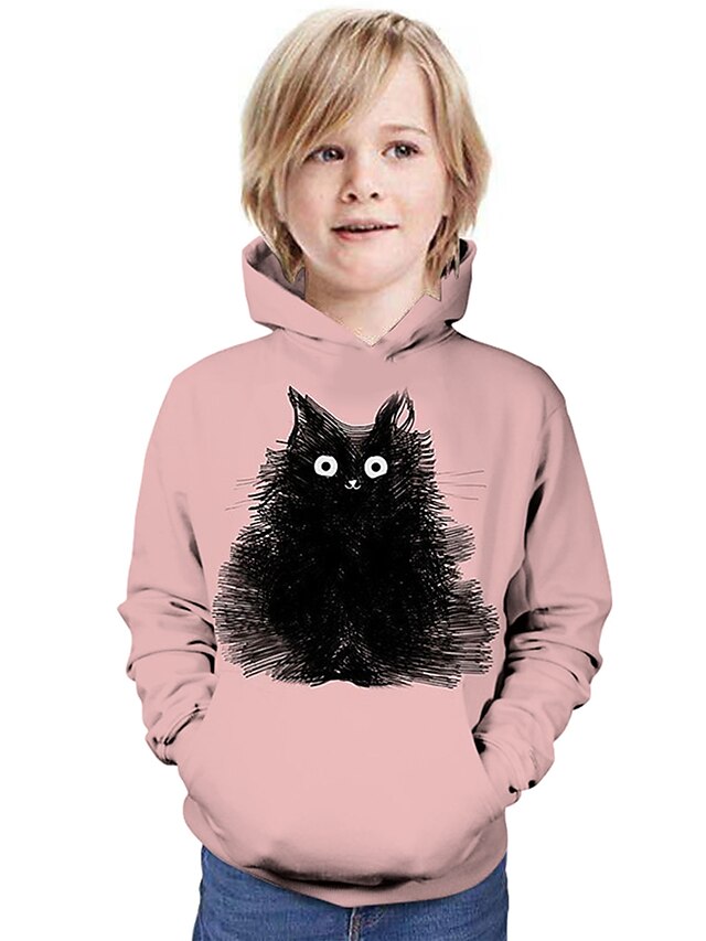  Barn Gutt Hettegenser og sweatshirt Langermet Rosa Katt Trykt mønster Katt Grafisk 3D Dyr Aktiv