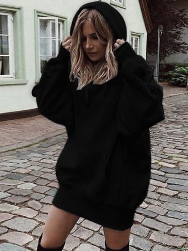  Women's Hoodie Pullover Front Pocket Basic Oversized Black Gray Wine Plain Causal Long Sleeve Hooded S M L XL