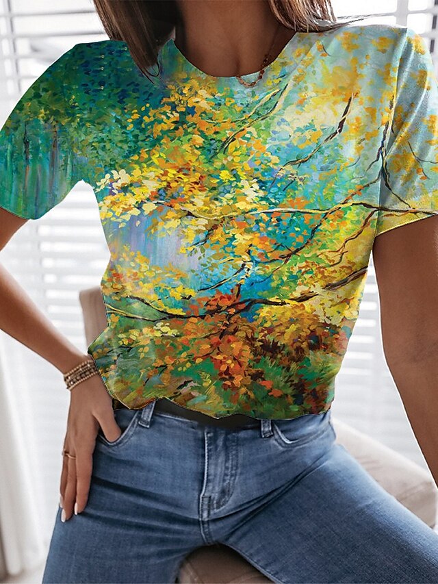  Damen T-Shirt Farbe Grafik Blatt 3D Rundhalsausschnitt Bedruckt Grundlegend Oberteile Grün / 3D-Druck