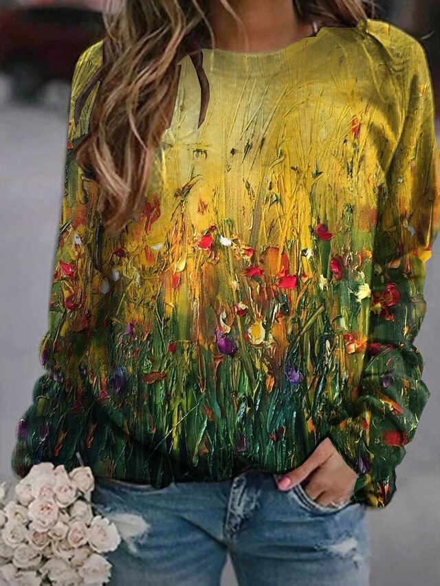  Damen Hoodie Sweatshirt Kapuze Sweatshirt Pullover Zur Seite fahren Bedruckt Basic Casual Gelb Graphic Blumen 3D Täglich Langarm Rundhalsausschnitt