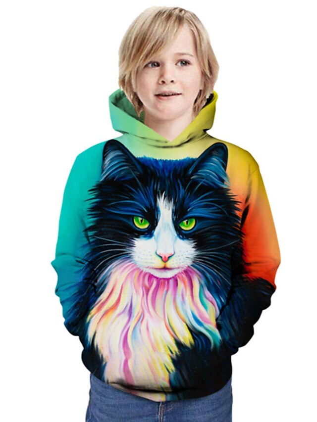  Barn Gutt Hettegenser og sweatshirt Langermet Regnbue Katt Trykt mønster Katt Grafisk 3D Dyr Aktiv