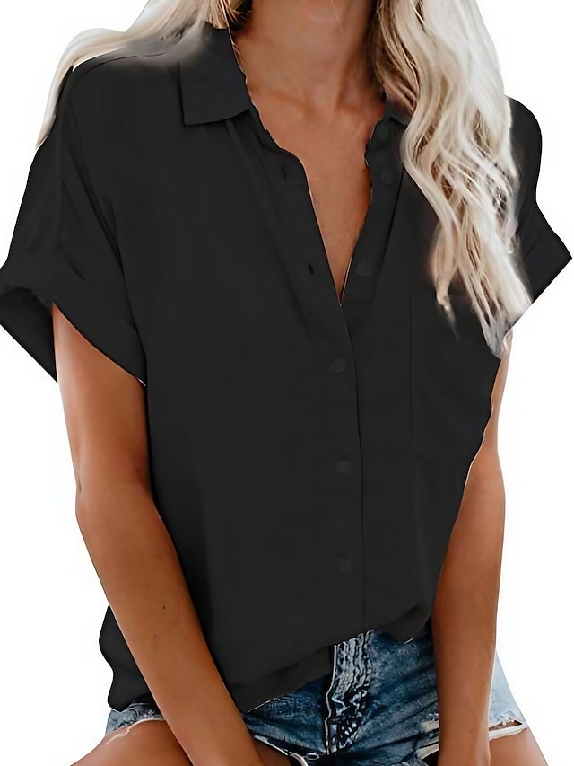  Mujer Camisa Blusa Rosa Negro Blanco Botón Bolsillo Plano Casual Diario Manga Corta Cuello Camisero Escote en Pico Básico Casual