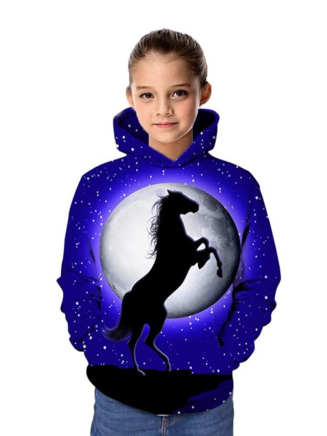  Kids Girls' Hoodie & Sweatshirt Horse Long Sleeve Graphic 3D Animal Print Blue Children Tops Active