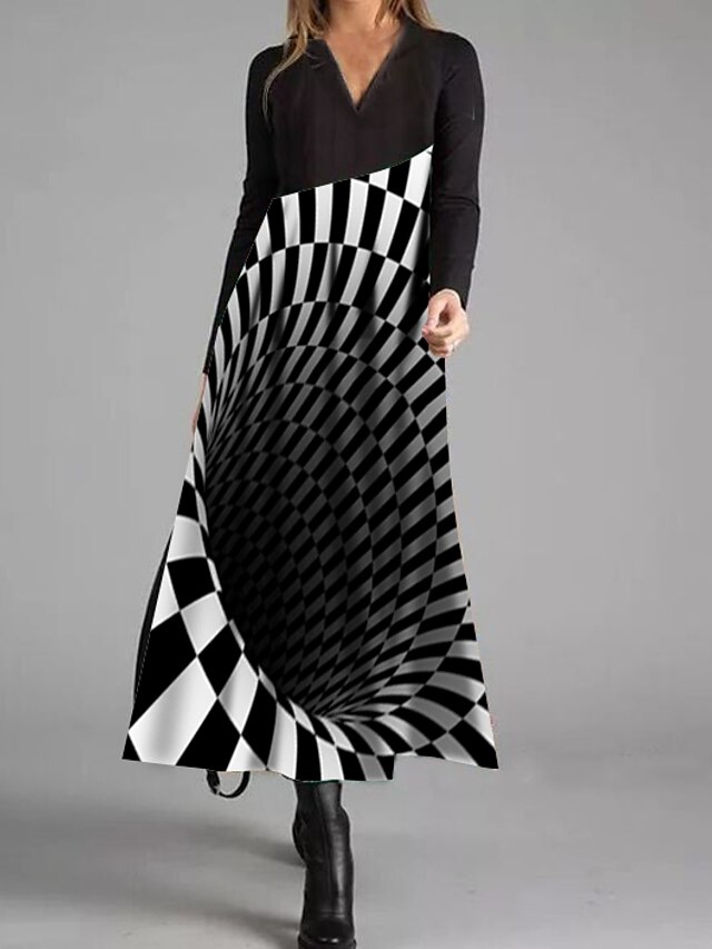  Women's A Line Dress Maxi long Dress Black Long Sleeve Color Block Fall Winter Round Neck Casual 2021 S M L XL XXL 3XL