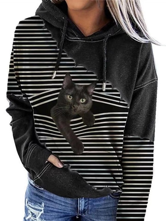  Women's Cat Graphic 3D Pullover Hoodie Sweatshirt Front Pocket Print 3D Print Daily Basic Casual Hoodies Sweatshirts  Black