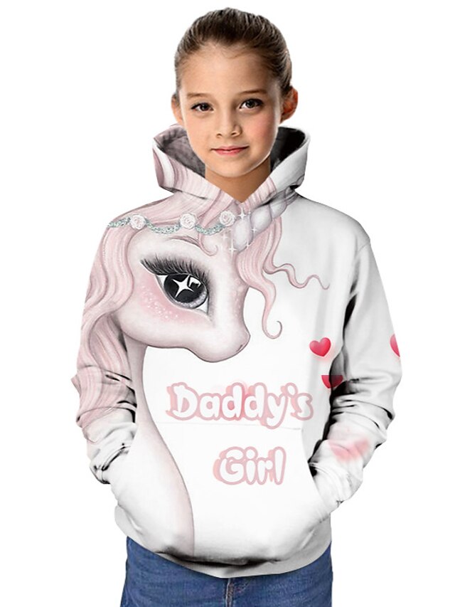  Kids Girls' Hoodie & Sweatshirt Long Sleeve White Horse Print Graphic Unicorn 3D Animal School Active