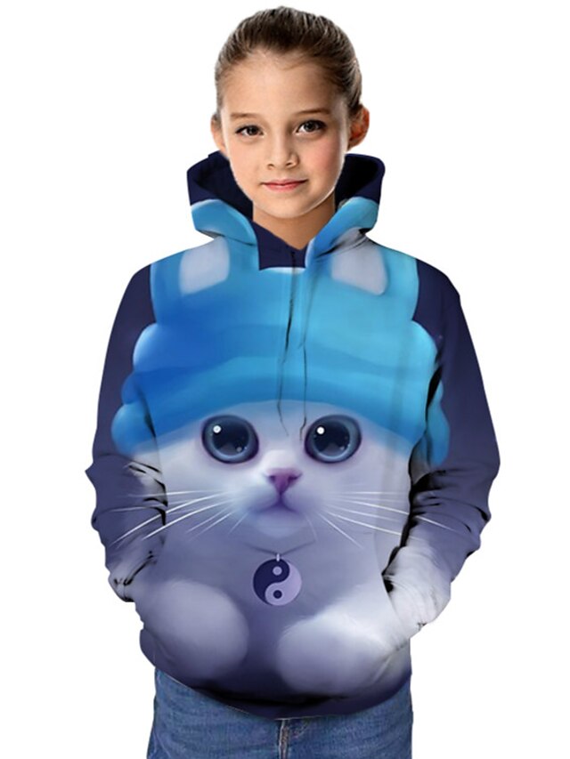  Kids Girls' Hoodie & Sweatshirt Long Sleeve Cat Graphic 3D Animal Print Navy Blue Children Tops Active School