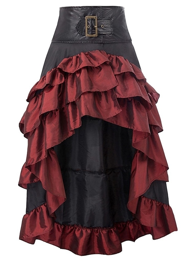 Women's Basic Skirts Color Block Layered Pleated Patchwork Black Red Brown