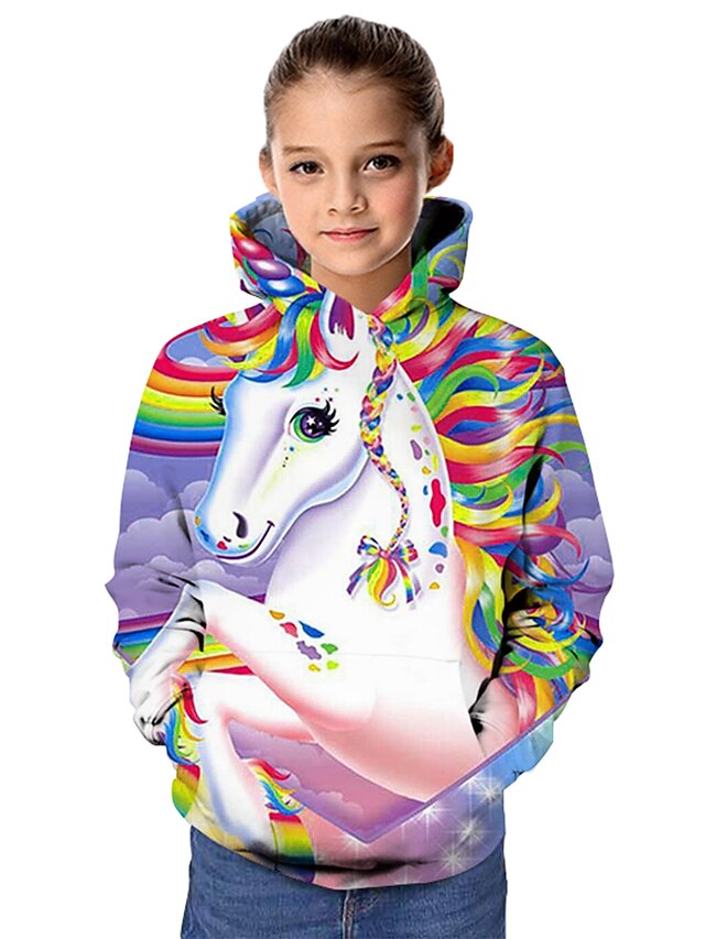  enhjørning regnbue-hettegenser for jenter& sweatshirt langermet hest grafisk 3d dyreprint barn topper aktive