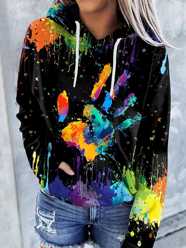  Women's Hoodie Pullover Drawstring Front Pocket Print Basic Casual Black Blue Brown Graphic Cat Tie Dye Daily Hooded Long Sleeve Micro-elastic Without Lining