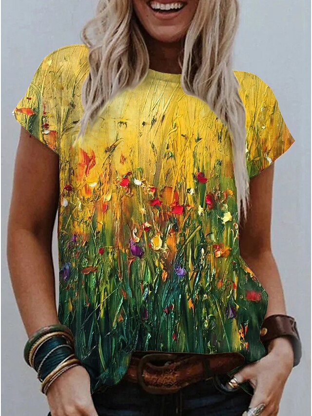  Dame Ferie Maling T skjorte Blomstret Grafisk 3D Trykt mønster Rund hals Grunnleggende Topper Gul / Ut på byen