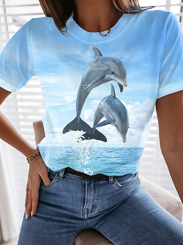  Women's T shirt Tee Graphic 3D Blue Print Short Sleeve Holiday Weekend Basic Beach Round Neck Regular Fit