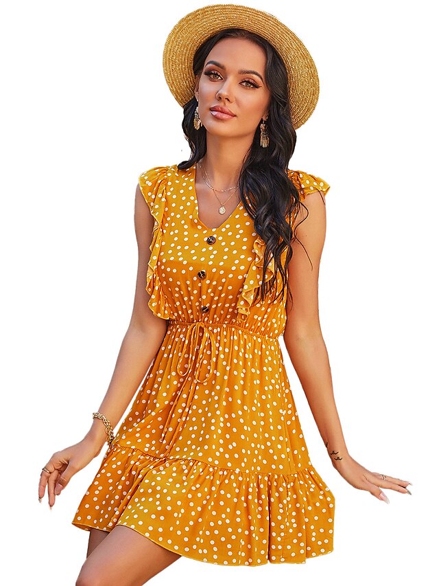  Women's Sundress Short Mini Dress Blue Yellow Sleeveless Polka Dot Color Block Ruffle Print Summer V Neck Casual Going out 2021 S M L XL / Cotton / Cotton