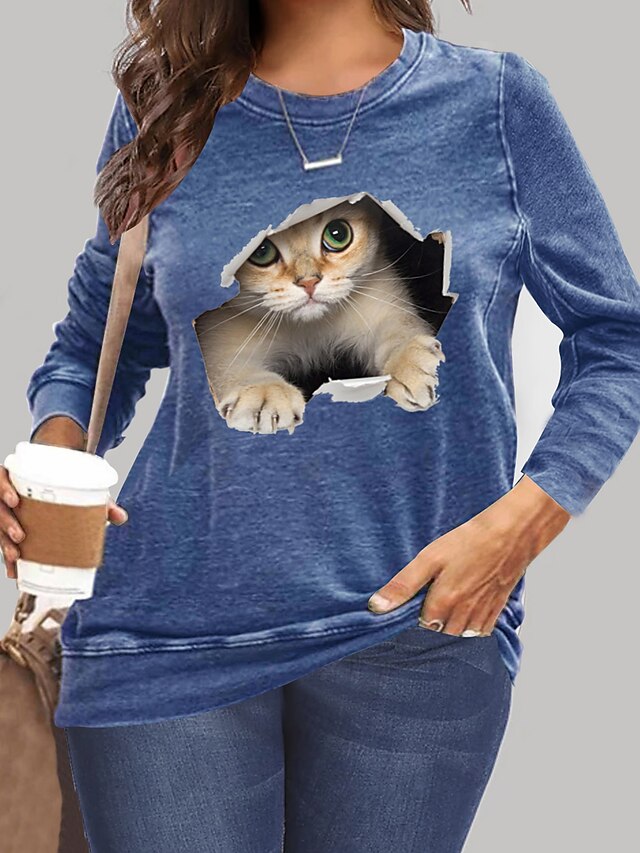  Women's Plus Size Tops Graphic Cat Pullover Sweatshirt Hoodie Sweatshirt Long Sleeve Print Hoodie Preppy Crew Neck Cotton Blend Daily Weekend Fall Winter