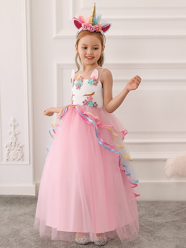  Kids Little Dress Girls' Rainbow Color Block Party Tulle Dress Patchwork Blue Purple Pink Maxi Tulle Sleeveless Princess Sweet Dresses Summer Regular Fit 4-13 Years