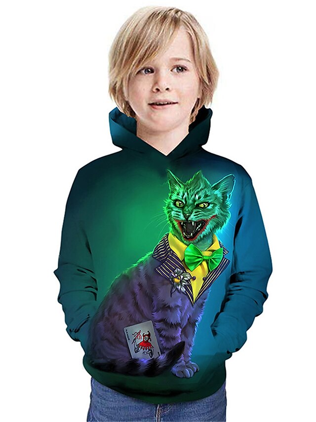  Barn Gutt Hettegenser og sweatshirt Langermet Grønn Katt Trykt mønster Katt Grafisk 3D Dyr Aktiv