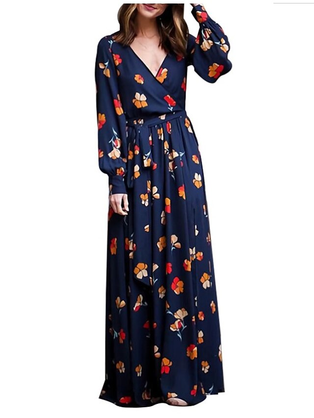  Women's Chiffon Dress Maxi long Dress Royal Blue Long Sleeve Floral Split Print Spring V Neck Casual Linen S M L XL XXL 3XL