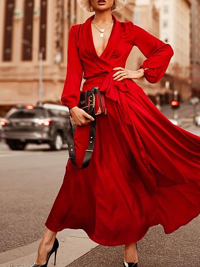  Mujer Vestido de Columpio Vestido largo maxi Morado Rojo Manga Larga Color sólido Verano Escote en Pico Elegante Casual 2021 S M L XL XXL 3XL