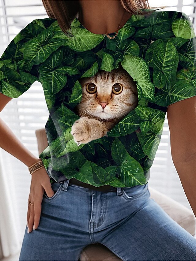  Women's Cat Graphic Patterned 3D Daily Weekend 3D Cat Short Sleeve T shirt Tee Round Neck Print Basic Essential Tops Green S / 3D Print