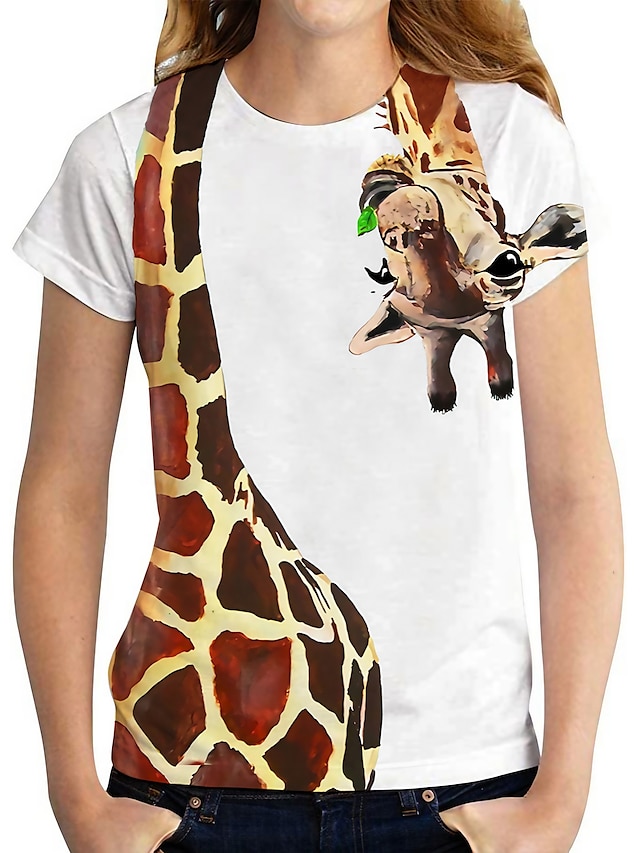 Mulheres Gráfico 3D Girafa Para Noite Final de semana Manga Curta Camiseta Decote Redondo Imprimir Básico Blusas Branco S / Impressão 3D