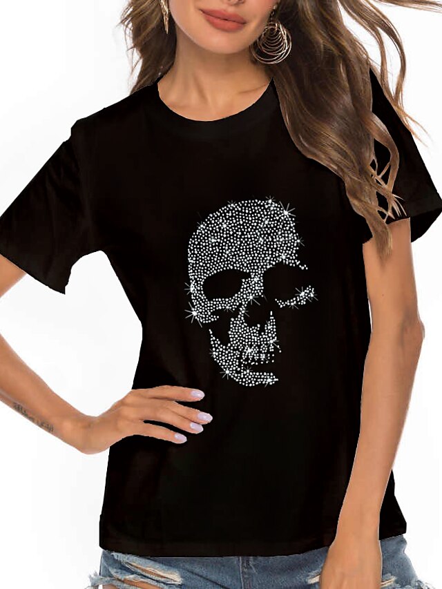  Mujer Festivos Fin de semana Camiseta Manga Corta Graphic Cráneos Escote Redondo Estampado Básico Tops Negro S