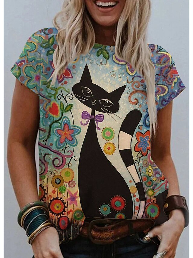  Women's T shirt Cat Graphic Round Neck Print Basic Tops Green / 3D Print