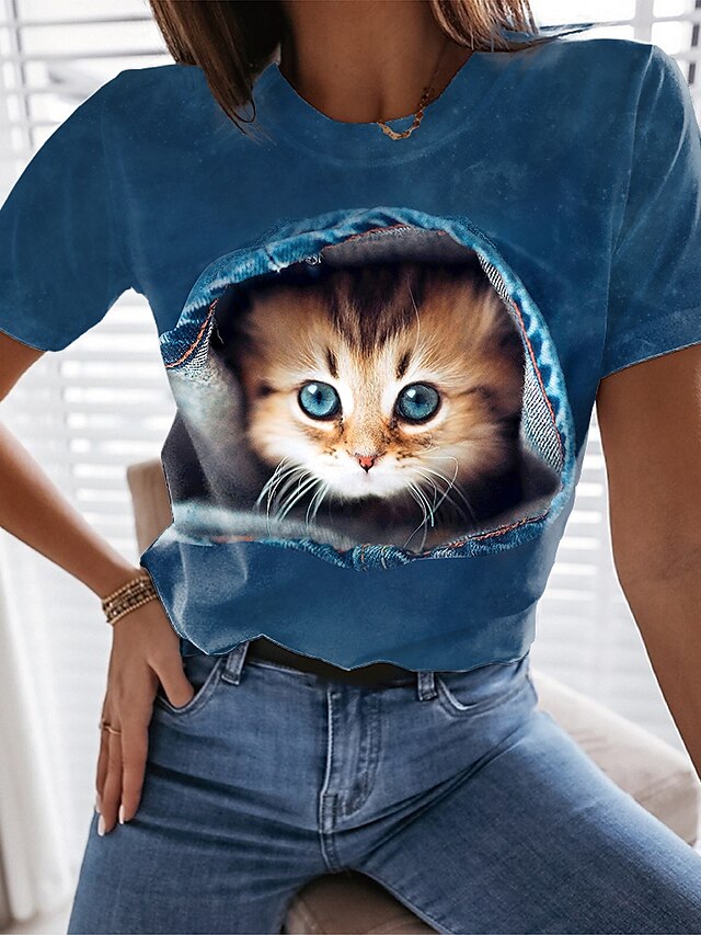  Women's T shirt Tee Black Blue Light Blue Graphic Cat Print Short Sleeve Daily Weekend Basic Round Neck Regular 3D Cat S
