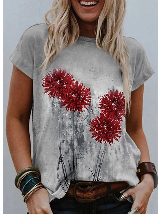  Women's T shirt Floral Theme Floral Graphic 3D Round Neck Print Basic Vintage Tops Gray / 3D Print