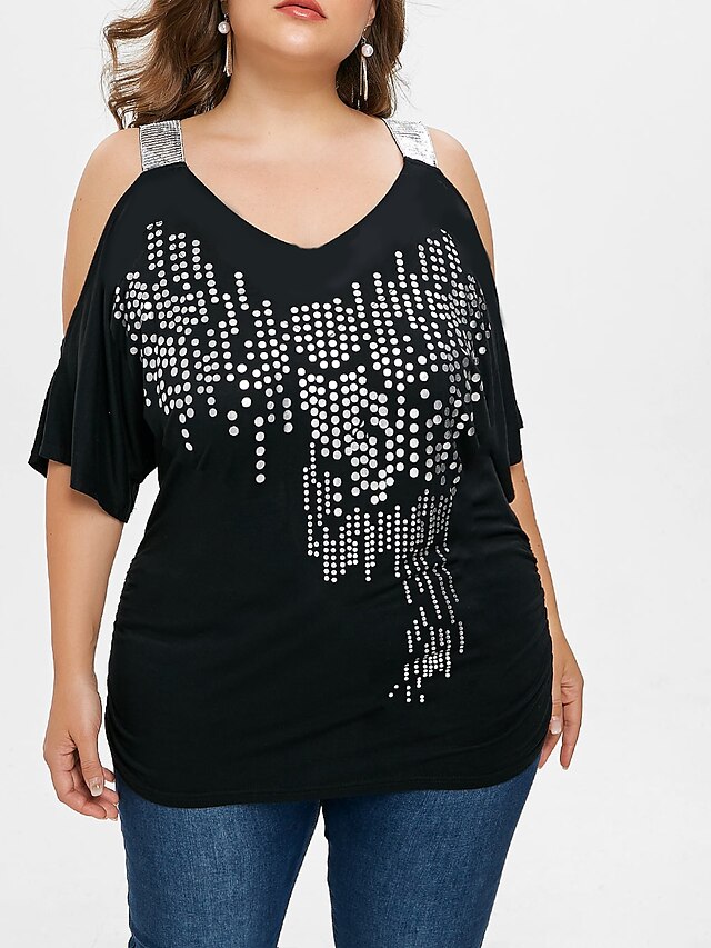  Women's Plus Size Camisole Tunic Polka Dot Print Round Neck Tops Basic Top Black